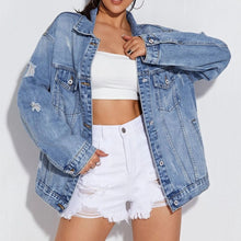 Load image into Gallery viewer, Collared Neck Button-Up Distressed Denim Jacket
