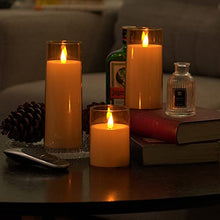 Load image into Gallery viewer, Amber LED Flameless Pillar Candles Battery Operated with Remote and Timer, Set of 5 (D 3&quot;×H 4&quot; 5&quot; 6&quot; 8&quot; 8&quot;) Plexiglass LED Flickering Candles with 3D Flame
