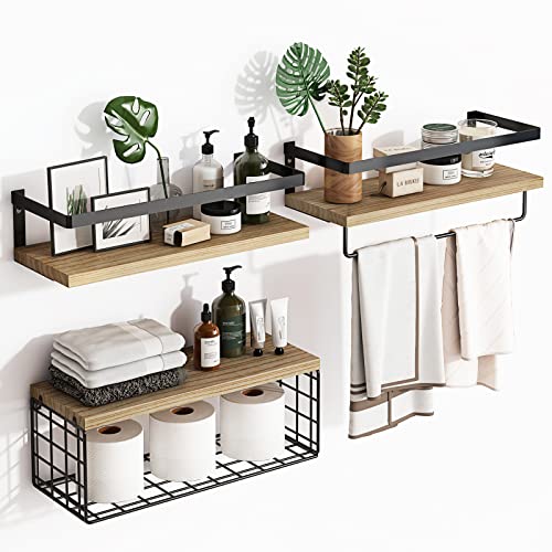 3+1 Tier Wall Mounted Floating Shelves with Metal Frame, Rustic Wood Bathroom Shelves Over Toilet with Wire Storage Basket and Towel Bar for Bathroom, Kitchen, Bedroom (Rustic Brown)