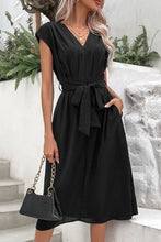 Load image into Gallery viewer, Tie Belt V-Neck Pleated Dress
