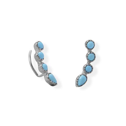 Rhodium Plated Synthetic Turquoise Ear Climber Earrings