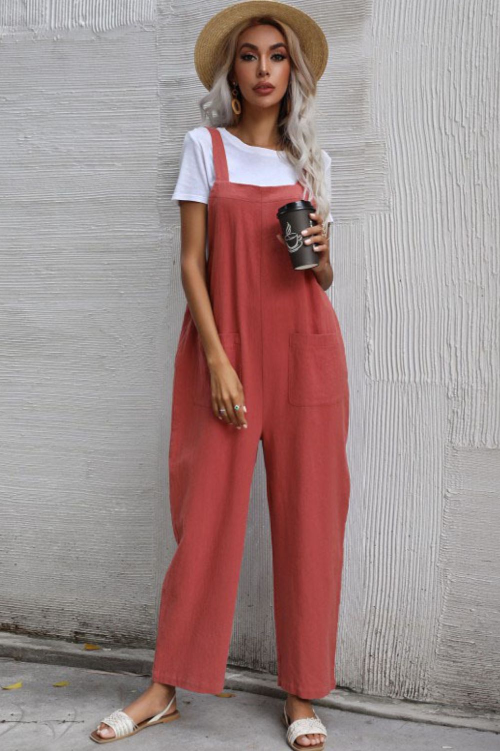 Garden Party Wide Leg Overalls with Front Pockets in Rust