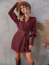 Load image into Gallery viewer, Lantern Sleeve Wrap Sweater Dress
