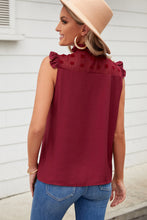 Load image into Gallery viewer, Swiss Dot Buttoned Ruffle Trim Tank
