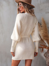 Load image into Gallery viewer, Lantern Sleeve Wrap Sweater Dress

