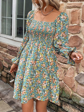 Load image into Gallery viewer, Floral Smocked Flounce Sleeve Square Neck Dress

