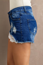 Load image into Gallery viewer, Lace Distressed Denim Shorts
