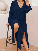 Load image into Gallery viewer, Tie Neck Long Sleeve Slit Dress
